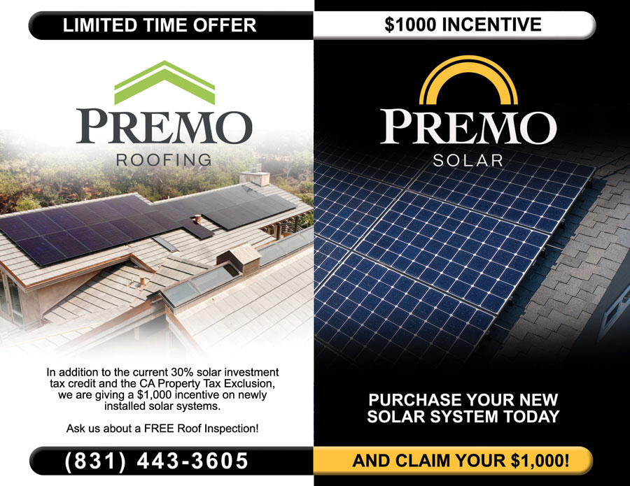Promotional advertisement featuring two side-by-side images. On the left, a residential roof with solar panels, with the logo of Premo Roofing and text stating 'LIMITED TIME OFFER'. Below, it offers a $1,000 incentive on newly installed solar systems and mentions a 30% solar investment tax credit and the CA Property Tax Exclusion. It prompts to ask about a free roof inspection and provides a phone number. On the right, a close-up of solar panels with the logo of Premo Solar, highlighting a $1000 incentive and urging to purchase a new solar system today to claim the $1,000.