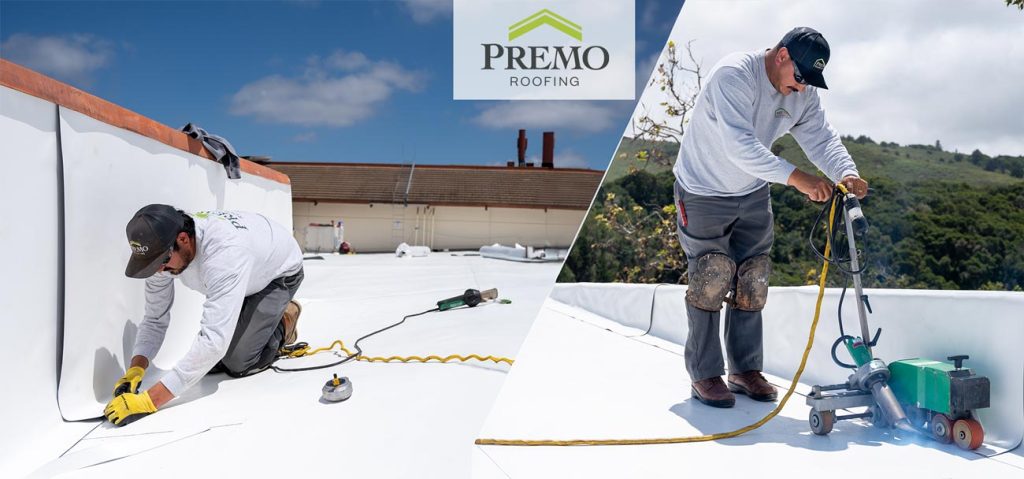 Premo Roofing technicians installing a waterproof membrane